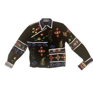 Vintage MODI Denim Beaded Sequined Black Floral Paisley Jacket NEW SAMPLE Sz Med